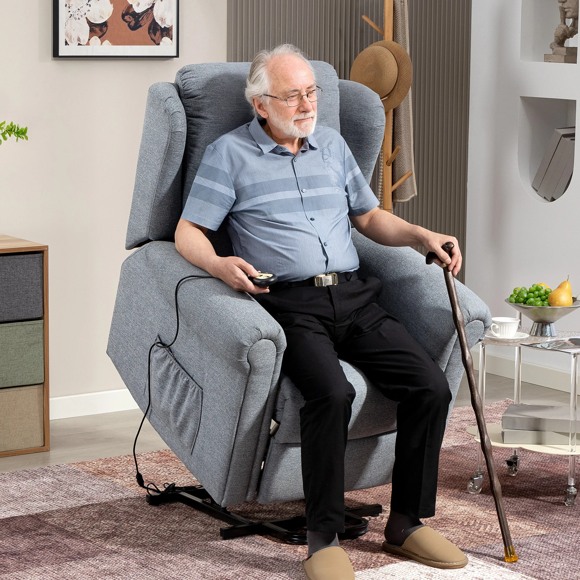 HOMCOM Sillón Relax Reclinable Eléctrico Levanta Personas Sillón Elevador con Respaldo Alto Capitoné Control Remoto Tapizado en Lino y Bolsillos Laterales - imagen 2