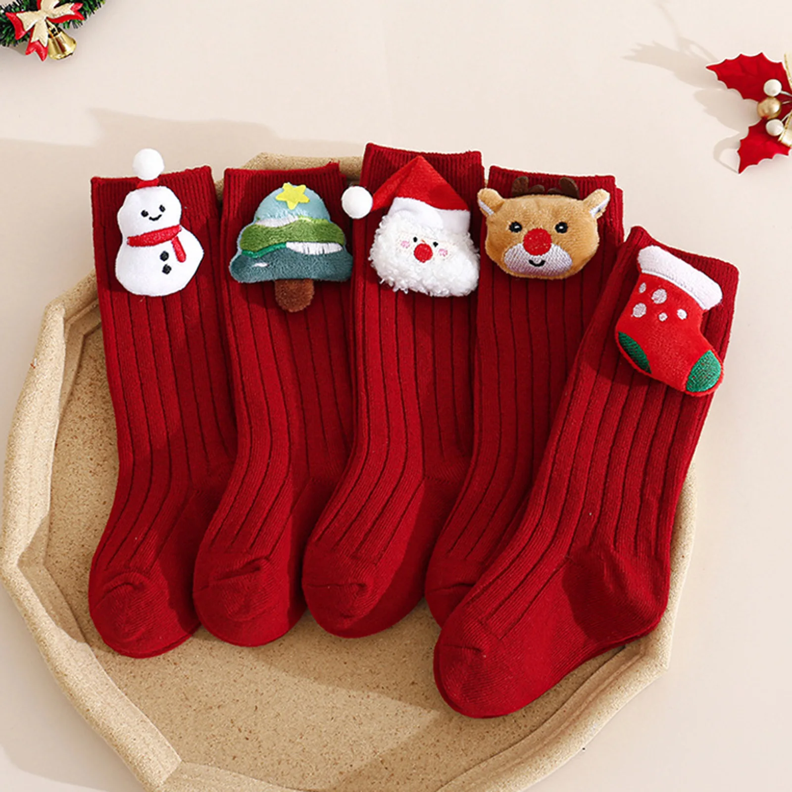Suefunskry Calcetines lindos de media pantorrilla para bebés pequeños Calcetines navideños de algodón suave con decoración de Papá Noel/muñeco de nieve - imagen 3