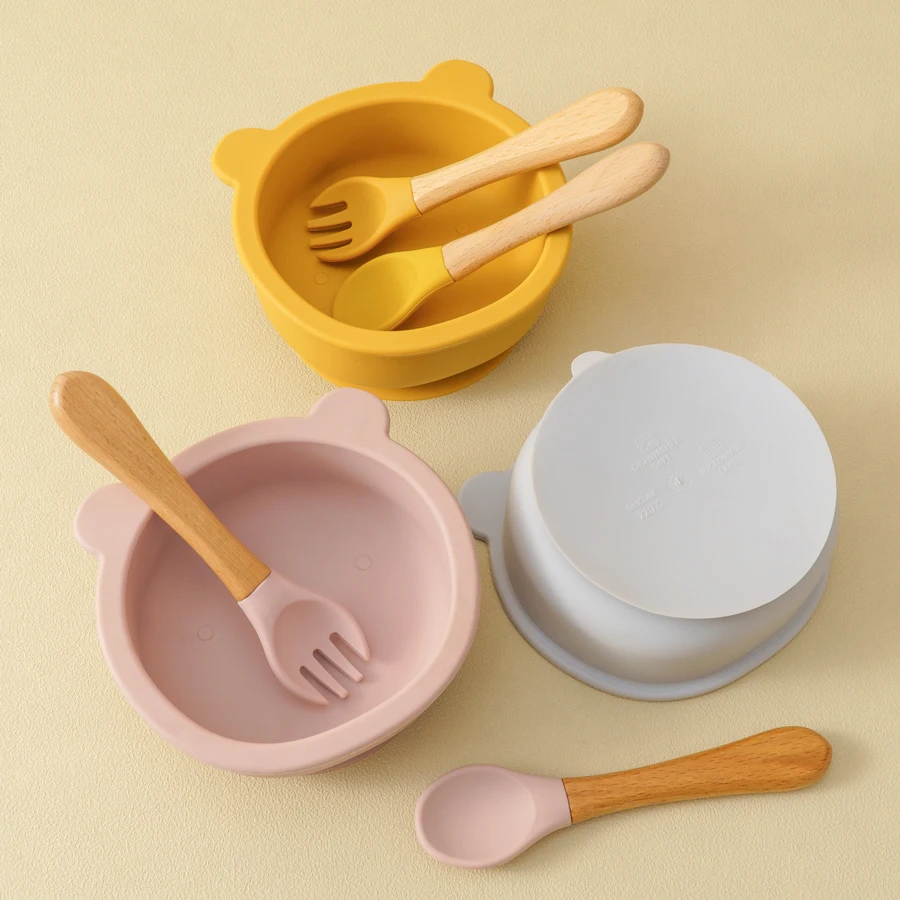 Set alimentación silicona para bebé – Tazón con oso y platos