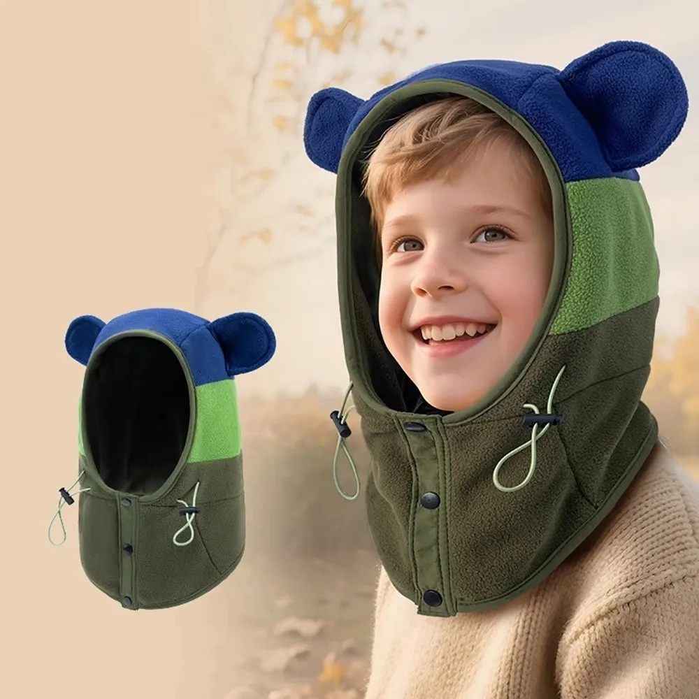 Gorros de invierno con orejas de oso para niños, pasamontañas gruesos a prueba de viento, conjunto de bufanda para mantener el calor, conjunto de bufanda con capucha para niños al aire libre - imagen 3