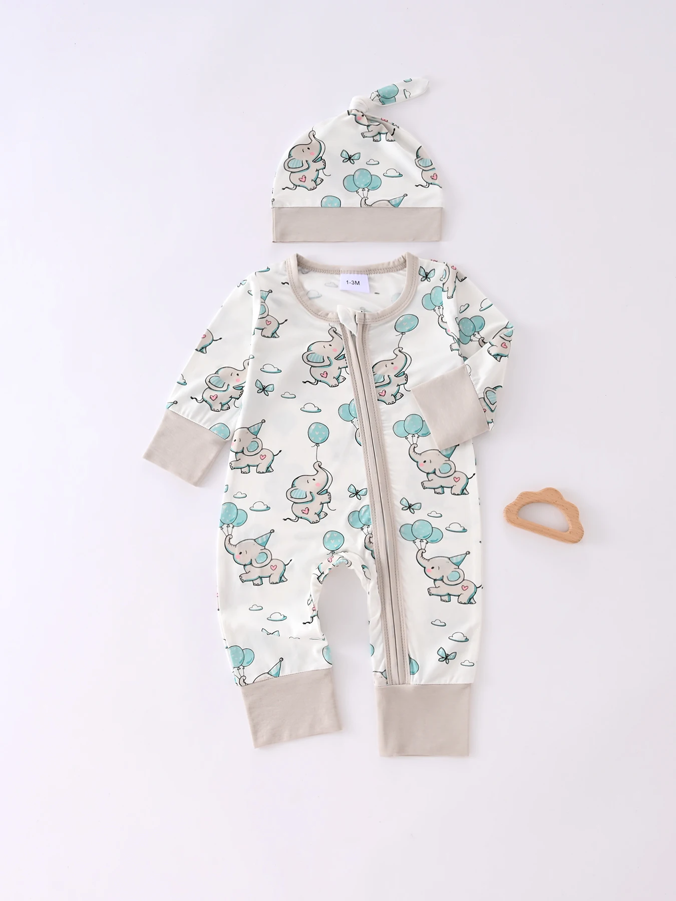 Mono Unisex de manga larga con cremallera y sombrero para bebé, mono con estampado de elefante bonito para niño y niña, pelele infantil de 0-1-3-6M para las cuatro estaciones