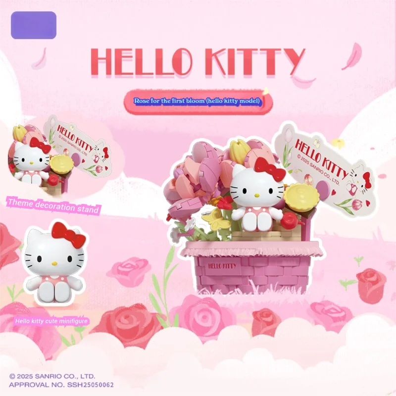 Sanrio cesta de flores en maceta, bloques de construcción Hello Kitty Kuromi, bonsái, bloques en miniatura, adornos de escritorio, caja ciega sorpresa, regalos - imagen 5