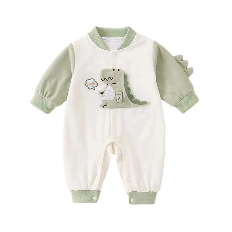 Mameluco unisex con cuello de béisbol para bebé para otoño, mono de dinosaurio bordado bonito para niños y niñas, mono cálido para Halloween infantil