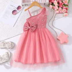 Vestido de fiesta rosa para niña con lazo de perlas
