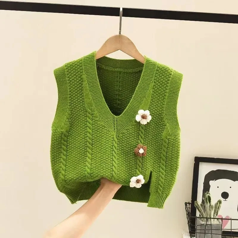 Chaleco tejido con cuello en V para niñas, chaleco para bebé de primavera y otoño, jersey sin mangas, chaleco con decoración floral, suéter para niños - imagen 3