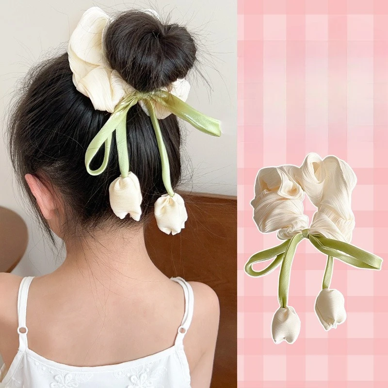 Coleteros grandes para el cabello con flor de tulipán para niña, adorno para la cabeza de princesa, diademas, lazos para el cabello, accesorios para el cabello a la moda - imagen 2