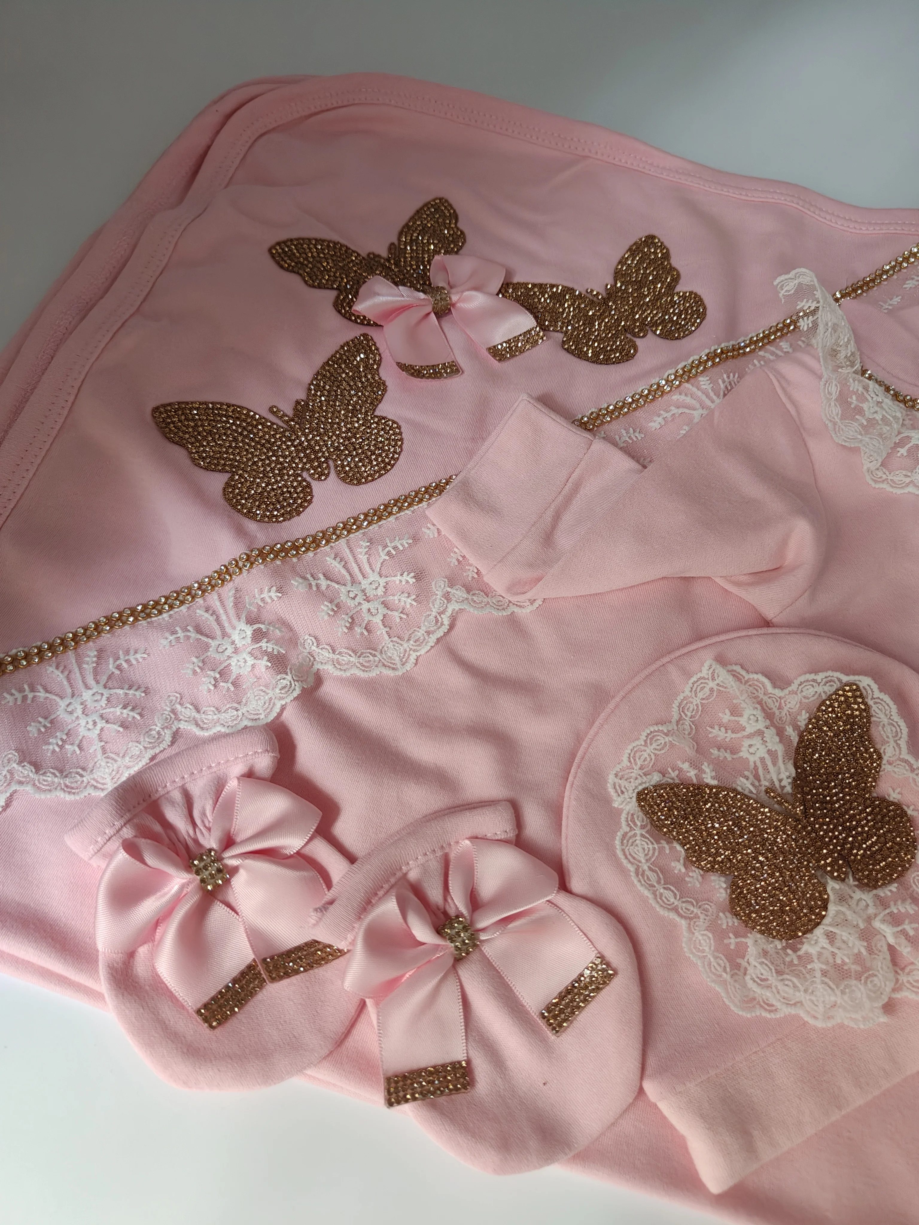 Dollbling-Conjunto de 4 piezas de mariposa dorada y rosa para bebé de 0 a 3 meses, conjunto de manta, pijama, canastilla para espectáculo de fotos, regalo de vacaciones - imagen 4