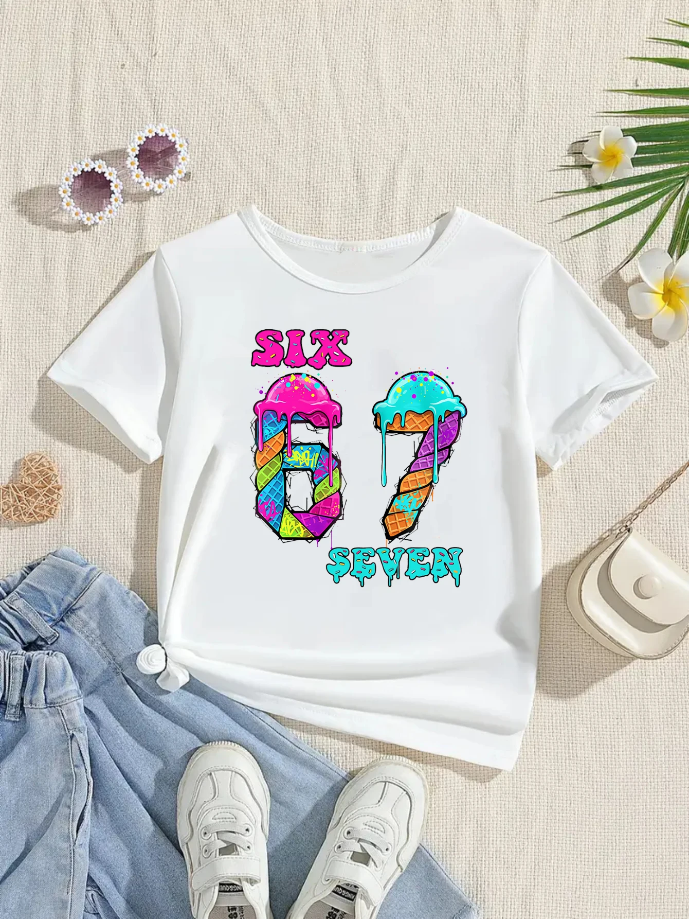 Camiseta colorida con estampado de helado 67 Six Seven Meme para niñas/niños, regalo de 6 a 7 ° cumpleaños, ropa divertida Kawaii para niños - imagen 2
