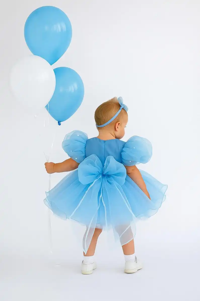 Vestido de bebé de organza azul hecho a mano, traje de cumpleaños con manga de cristal hinchada, princesa personalizada para niña - imagen 3