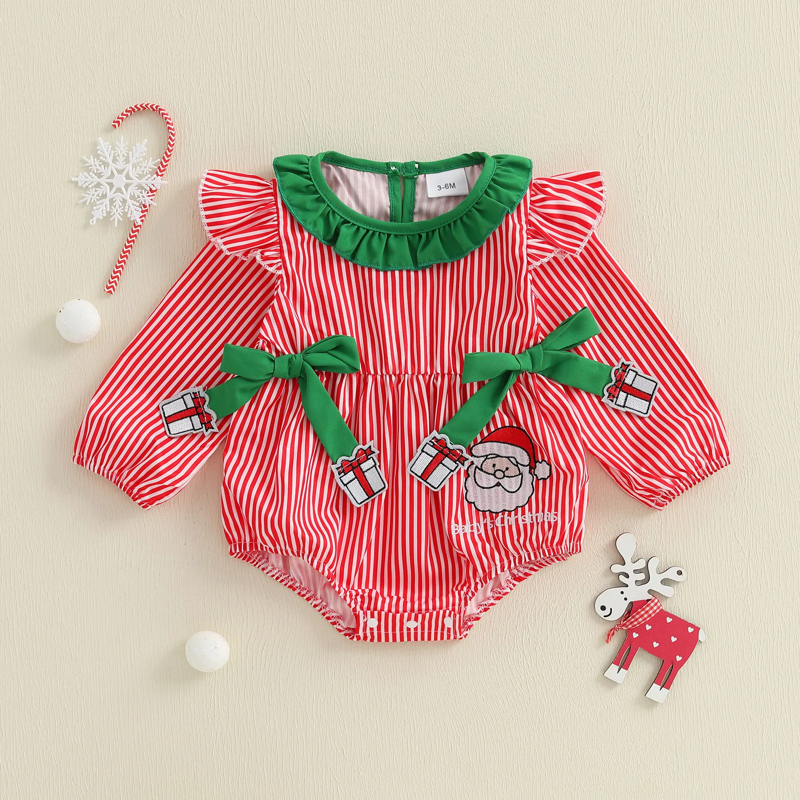 SUNSIOM-Pelele de Navidad para niña de 0 a 18 meses, mono de manga larga con ribete de volantes a rayas de Papá Noel y lazos, ropa bonita para invierno y otoño