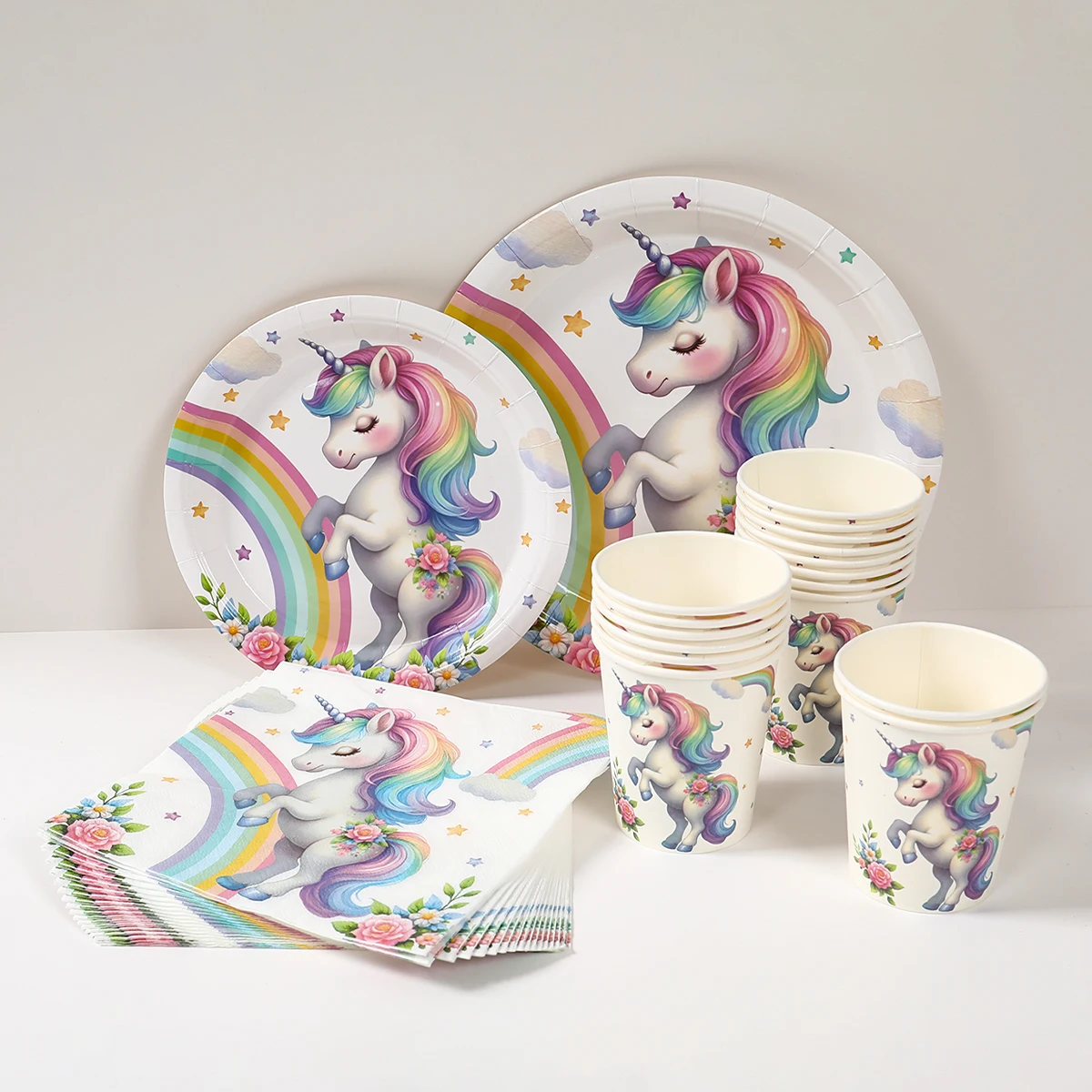 Vajilla desechable de unicornio de arcoíris, decoración de fiesta de primer cumpleaños para niños y niñas, juego de vajillas unicornio, suministros para fiesta de bienvenida para bebés