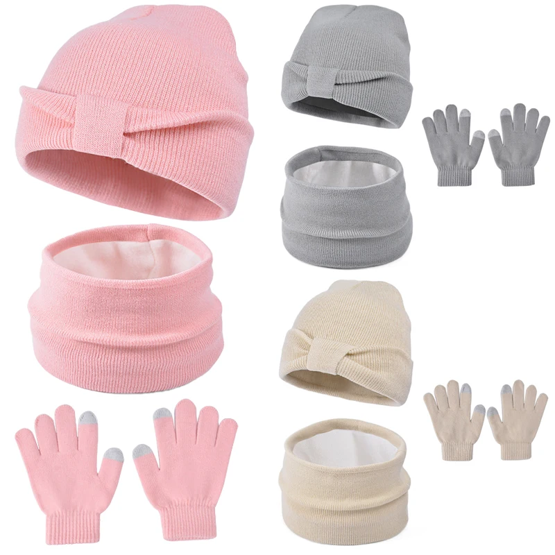 3 unids/set sombreros para niños guantes bufanda para niños niñas bebé invierno al aire libre gorros con protección para los oídos lazo sólido más gorro de punto cálido de terciopelo