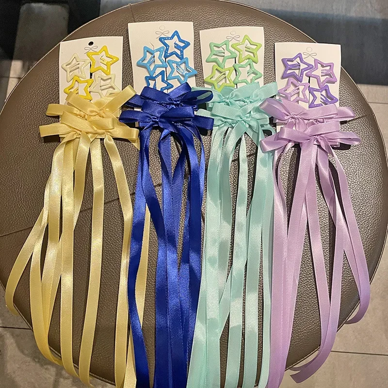 6 unids/set Ins estilo lindo pasadores de estrella con lazo para el pelo Clip de cinta para niños coreano Color sólido trenza Clip de pelo sombreros para niños - imagen 5