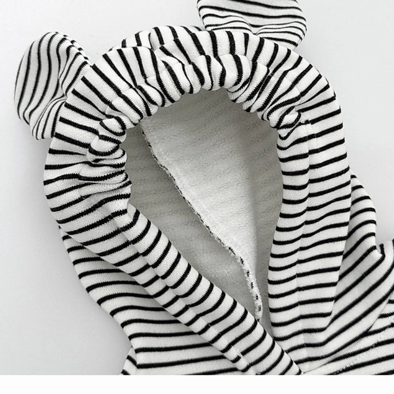 Lindo conjunto de sudadera con capucha de lana con orejas de oso para niños pequeños, pantalón grueso para otoño/invierno, traje cálido a rayas para Navidad - imagen 4