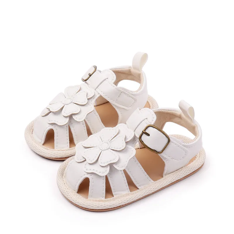Sandalias para niñas, nuevos zapatos planos de verano para bebés, bonitos zapatos de cuna de PU con flores para primeros pasos para recién nacidos - imagen 5