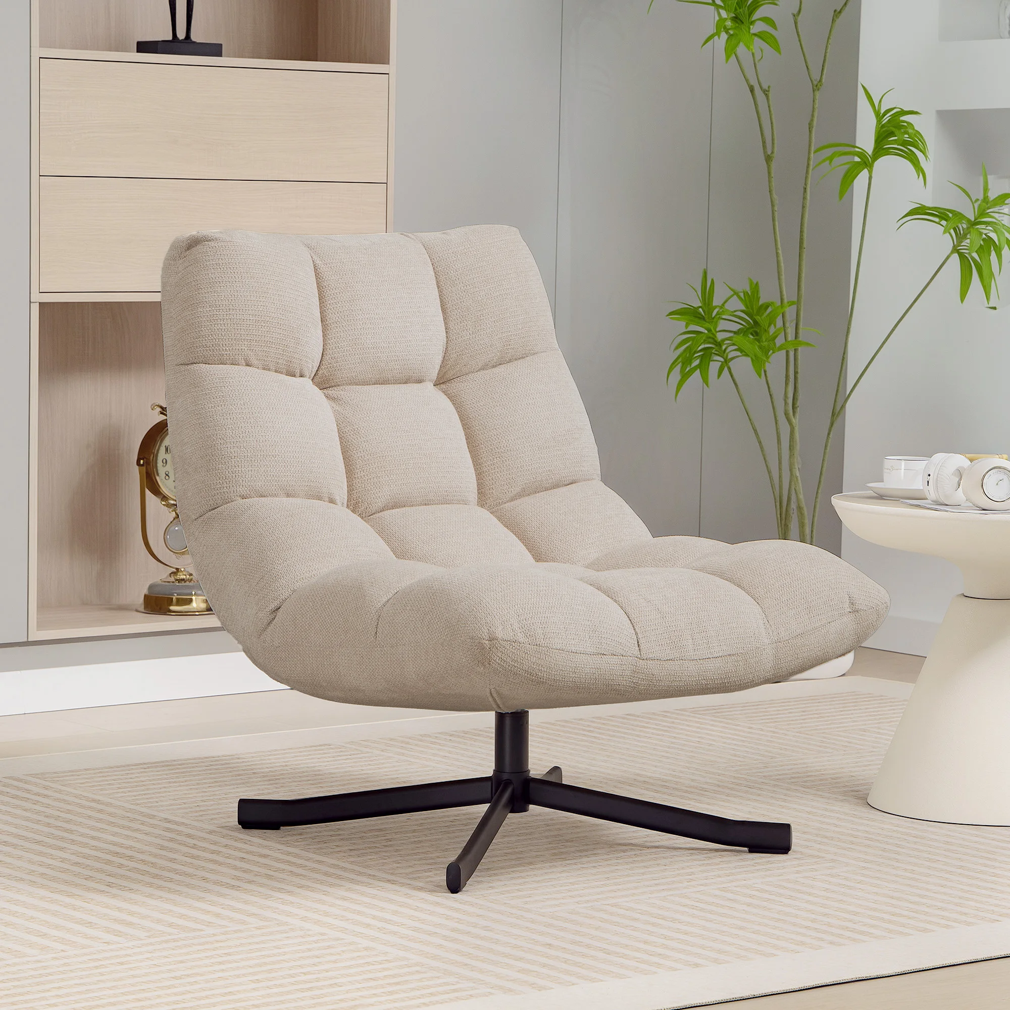 HOMCOM Sillón Giratorio Moderno, Butaca de Salón con Base de Cruz, Tapizado en Chenilla Impermeable, Asiento Extra Ancho y Patas de Acero, Sillón Relax para Sala de Estar, Dormitorio, Blanco Crema - imagen 2