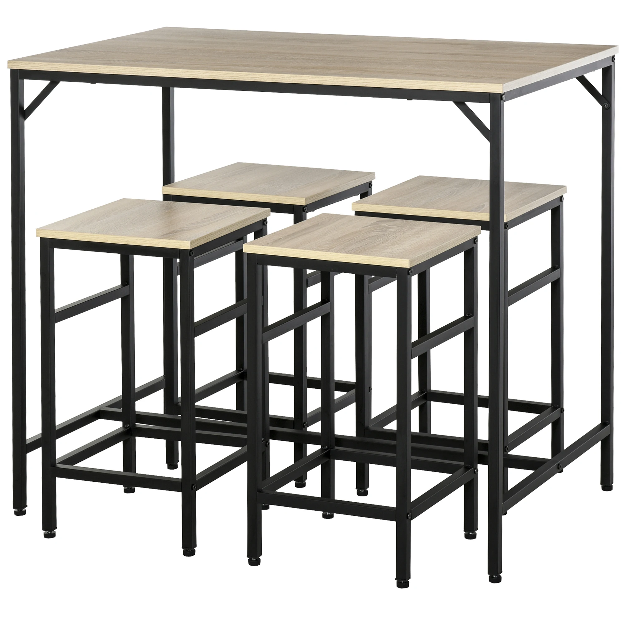 HOMCOM Set de Mesa de Bar y 4 Taburetes 5 Piezas con Reposapiés Juego de Muebles Altas con Mesa de 100x60x88 cm y Taburetes de 32x32x57 cm para Comedor Cocina Negro y Roble