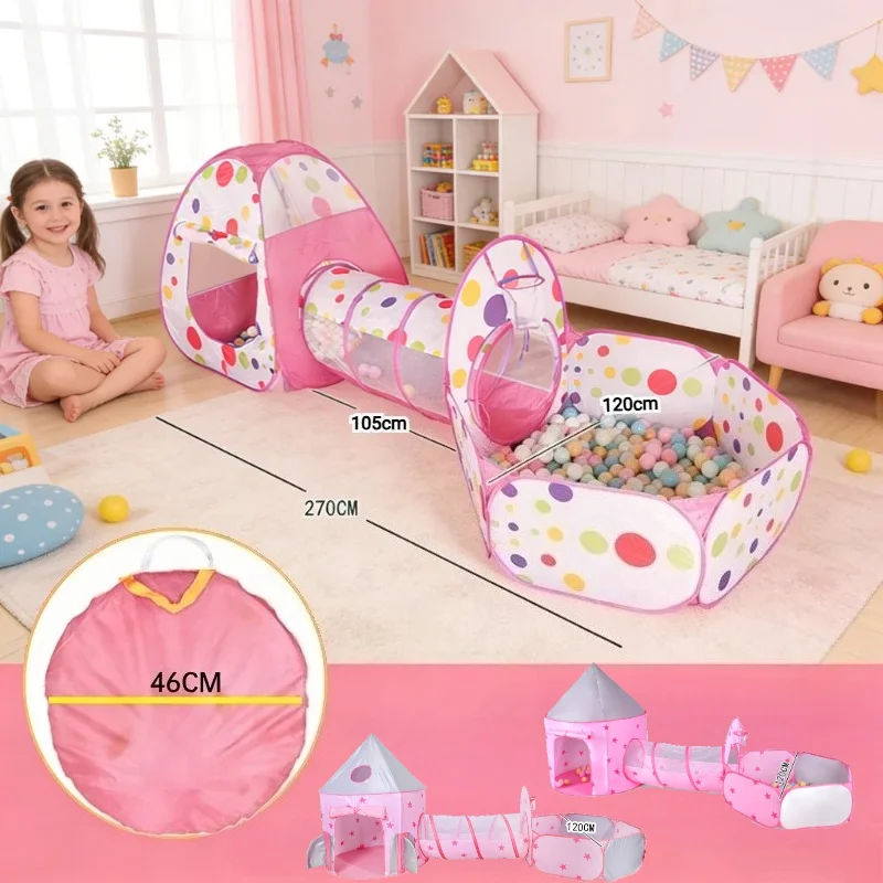 Tienda de campaña infantil rosa con túnel y piscina bolas - imagen 3