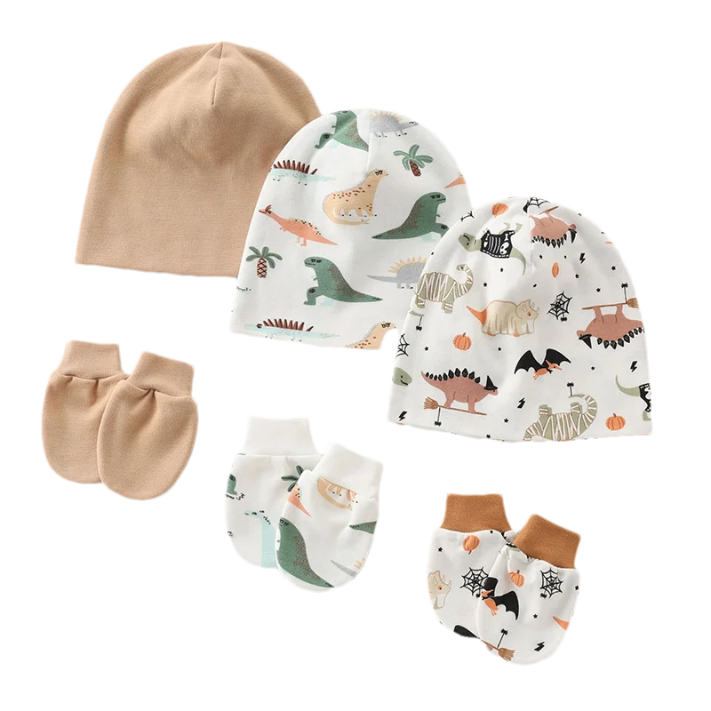 3 unids/set de guantes de sombrero para niños y niñas, protección facial para recién nacidos, guantes resistentes a los arañazos con estampado bonito, accesorio de ropa para niños Se - imagen 3