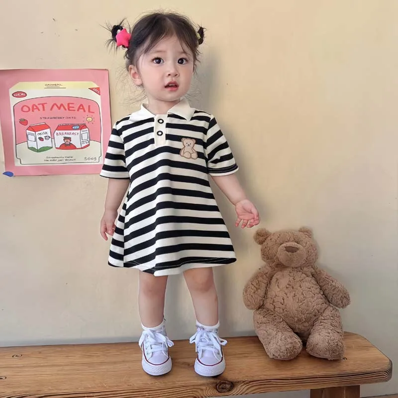 Vestido de verano para niña con estampado de oso y rayas - imagen 3