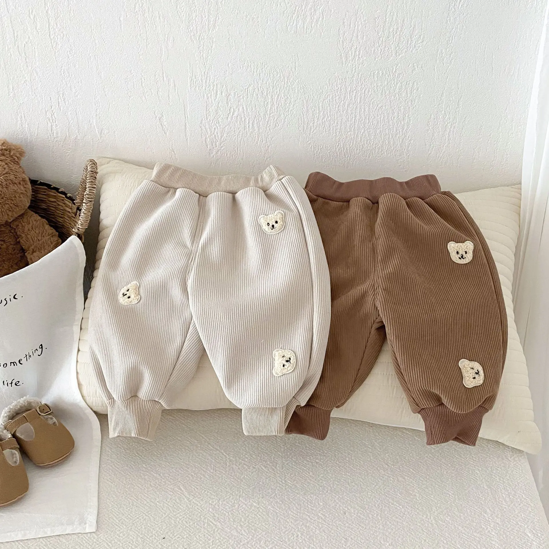 Milangel-Pantalones informales de pana para niño Y niña, pantalón de chándal liso con estampado de oso de dibujos animados, ropa deportiva de lana fina, de 0 a 5 años, para otoño