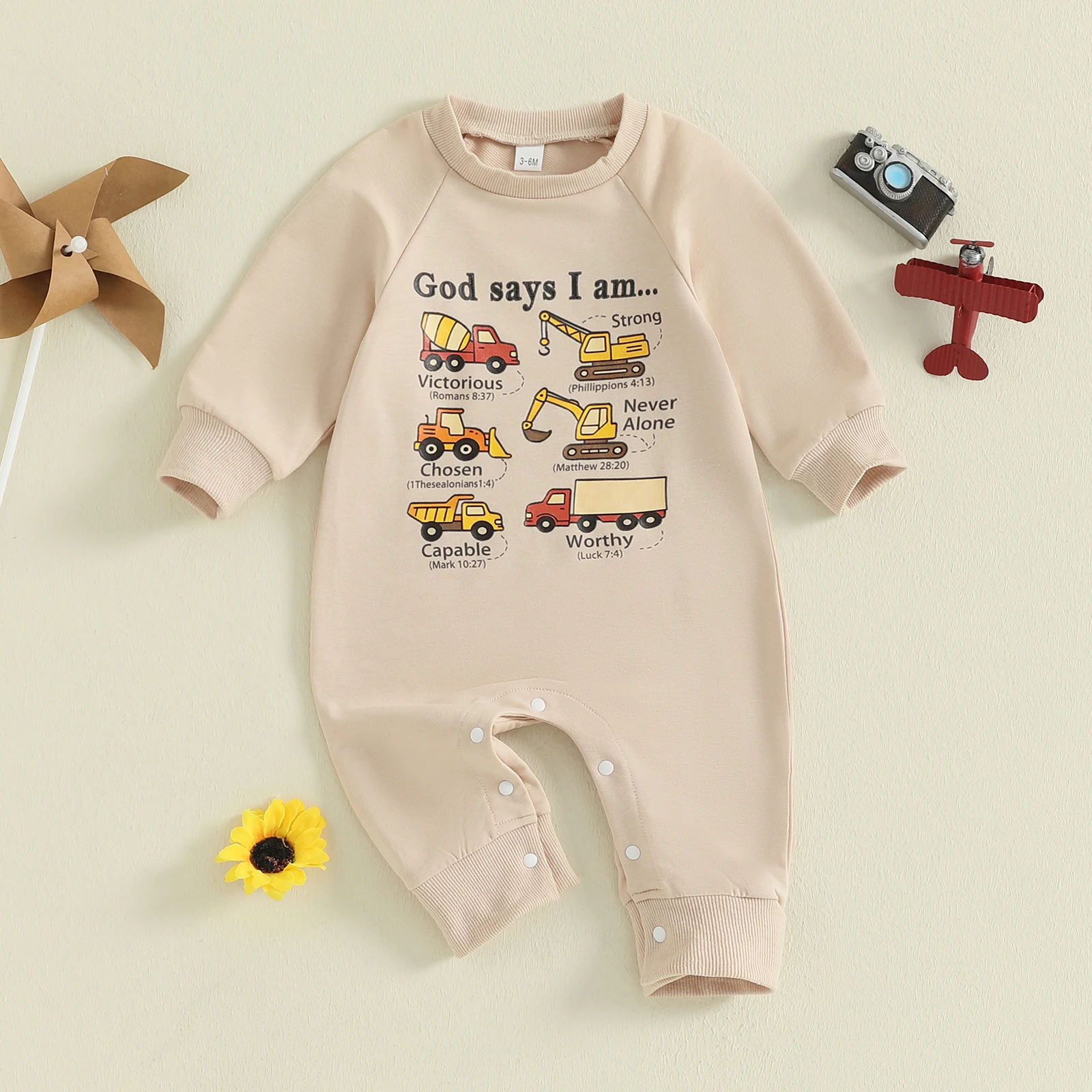 SUNSIOM Pelele para bebé de 0 a 18 meses, mono con estampado de camión de construcción y cuello redondo de manga larga, pijamas sin pies para recién nacido