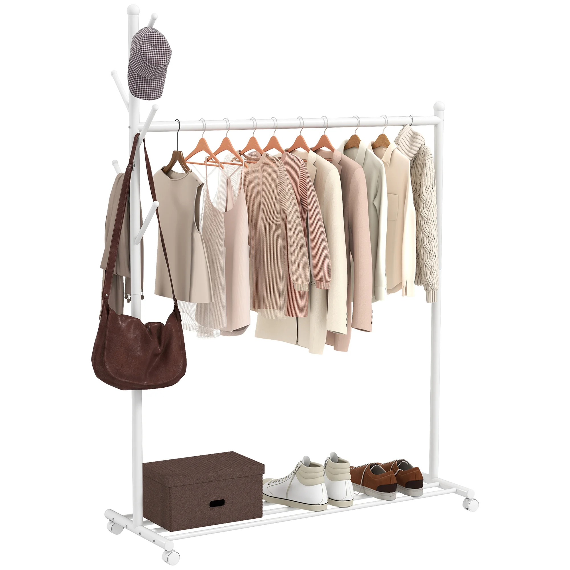 HOMCOM Burro Ropa con Ruedas, Perchero Burro Ropa con 5 Ganchos Barra para Colgar y Balda Inferior Perchero para Recibidor, Entrada, Dormitorio, Blanco