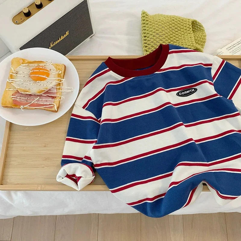 Camiseta infantil de rayas para otoño – Cuello redondo de algodón - imagen 5