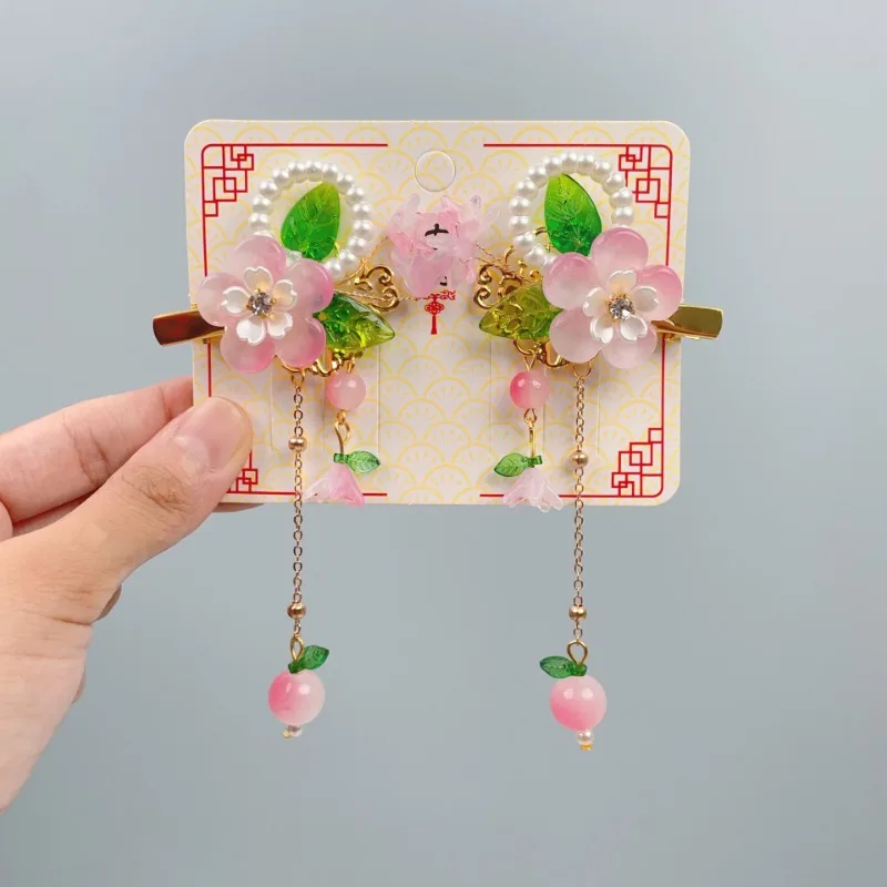 Tocado Hanfu para niños, pinza para el pelo de estilo antiguo para niña pequeña de estilo chino, pinza para el pelo con borla de flores para disfraz antiguo - imagen 3