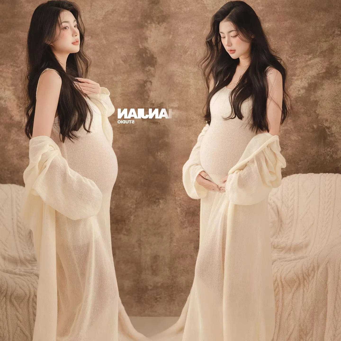 Vestido blanco de punto para sesión de fotos de maternidad