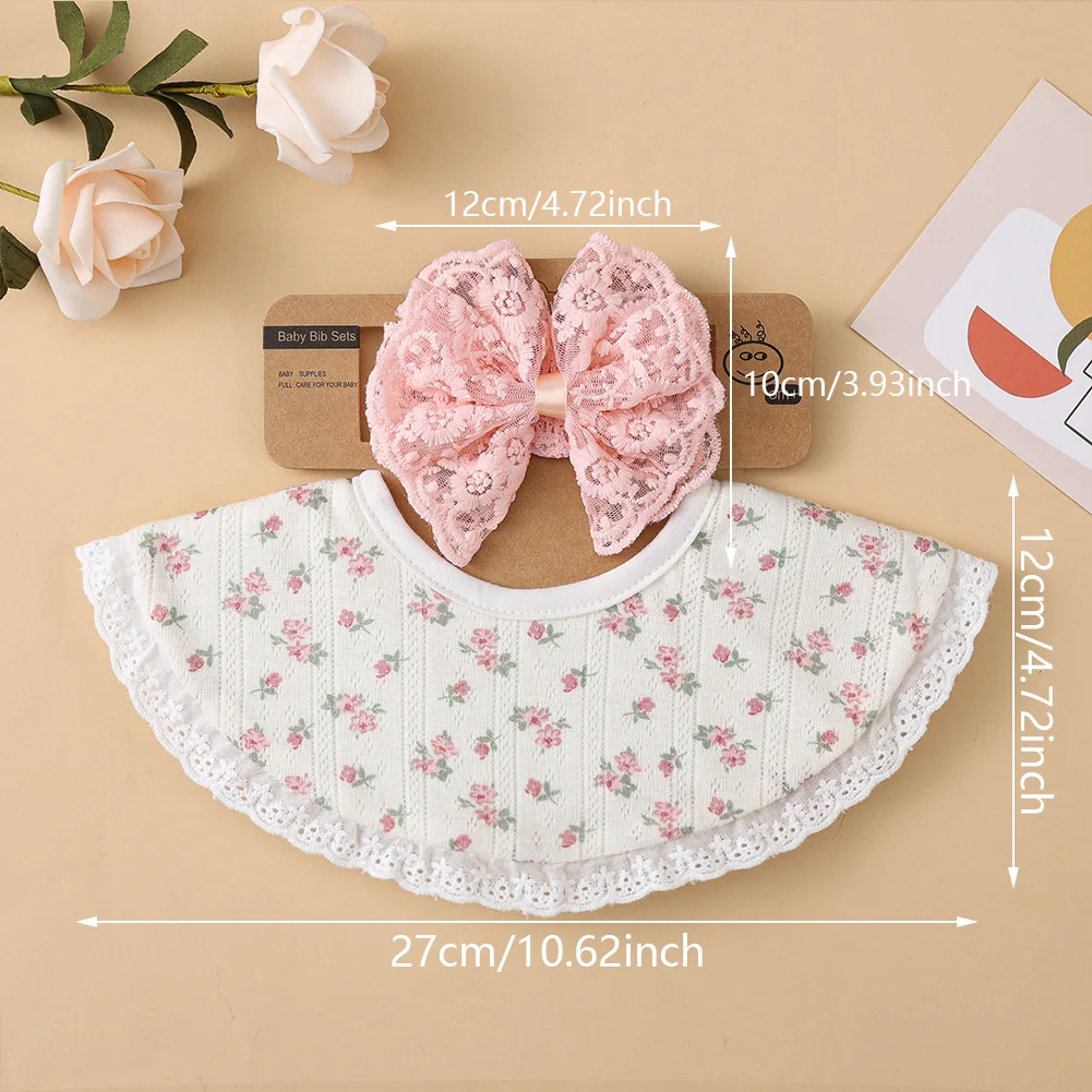 2 unids/set princesa niñas diademas con lazo de encaje estampado de flores Baberos para bebé recién nacido Corea Vintage botón Saliva toalla alimentación paños para eructar - imagen 3