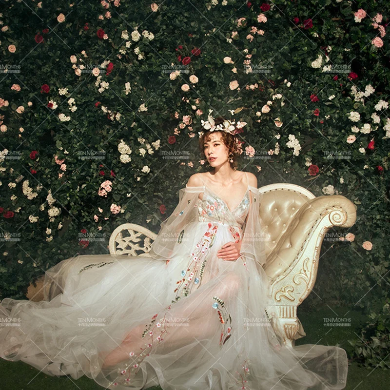 Vestidos de maternidad sexys con hombros descubiertos, vestido de cola de tul de encaje con cuello en V, accesorios de fotografía, fiesta de banquete, ropa de mujer - imagen 3