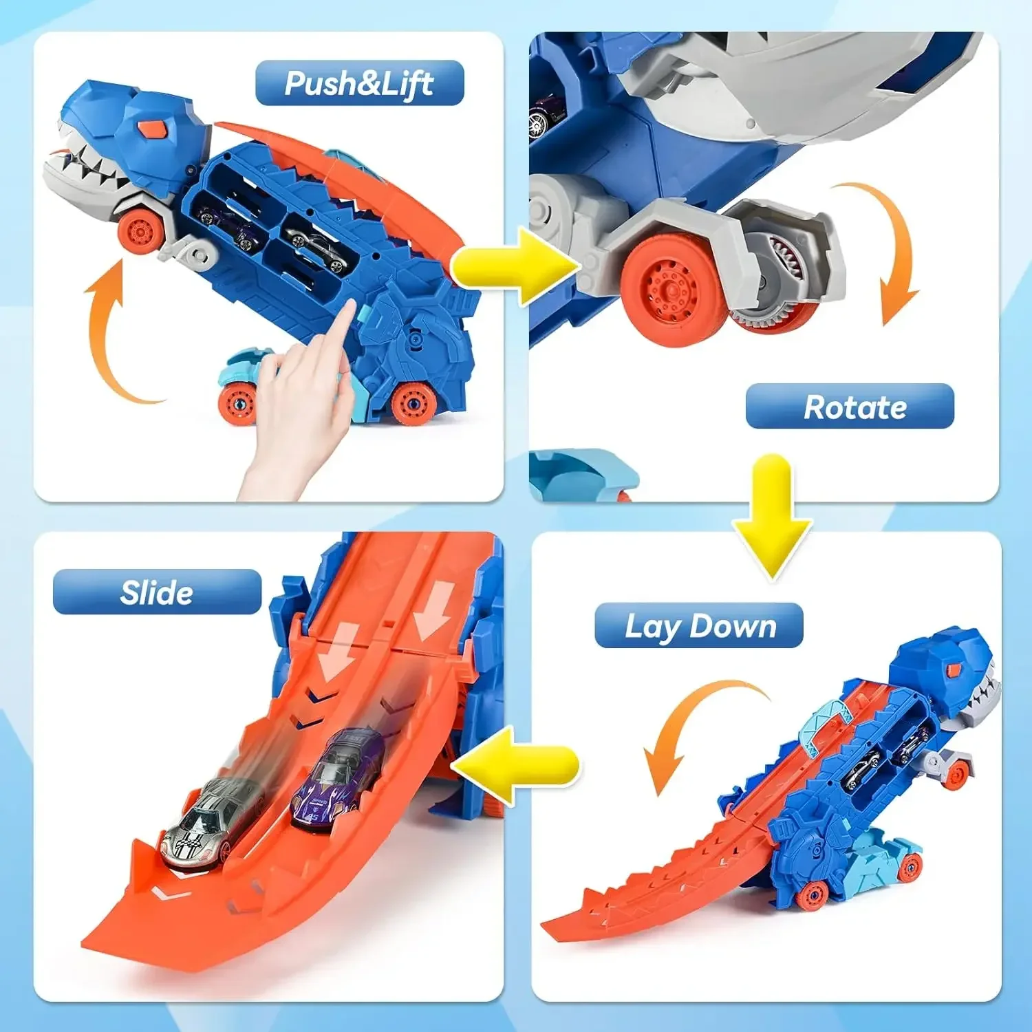 Camión de dinosaurios de transporte con pista de carreras deslizante plegable, se transforma en T-rex de pie, los mejores regalos de cumpleaños, juguetes para niños y niñas - imagen 3