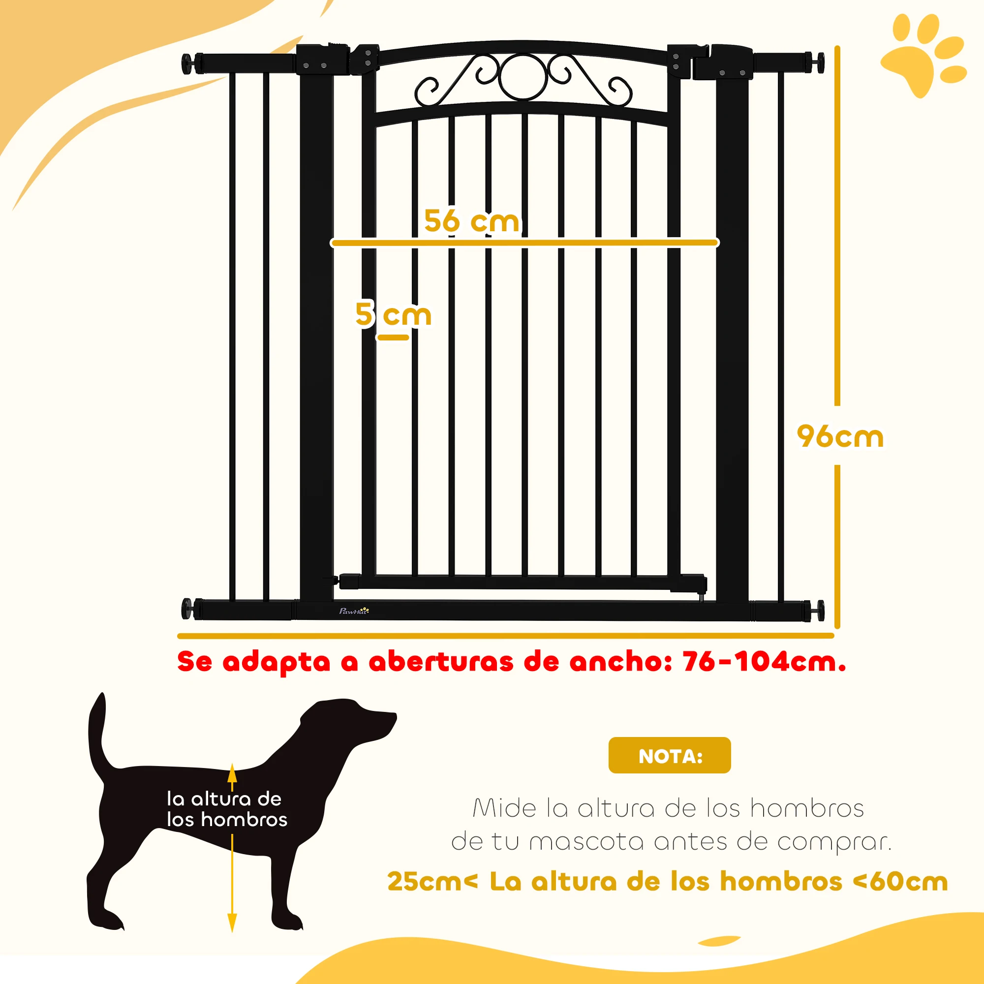 PawHut Barrera para Perros Puerta para Perros 76-104 cm Barrera de Seguridad para Mascotas con 2 Extensiones 7/14 cm y Doble Bloqueo para Escaleras y Puertas Negro - imagen 3