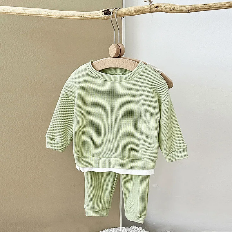 MILANCEL-Conjunto de ropa de gofres para bebé, Sudadera con capucha de Color sólido + Pantalones de chándal, traje de bloque de Color para niño pequeño, novedad de primavera - imagen 4