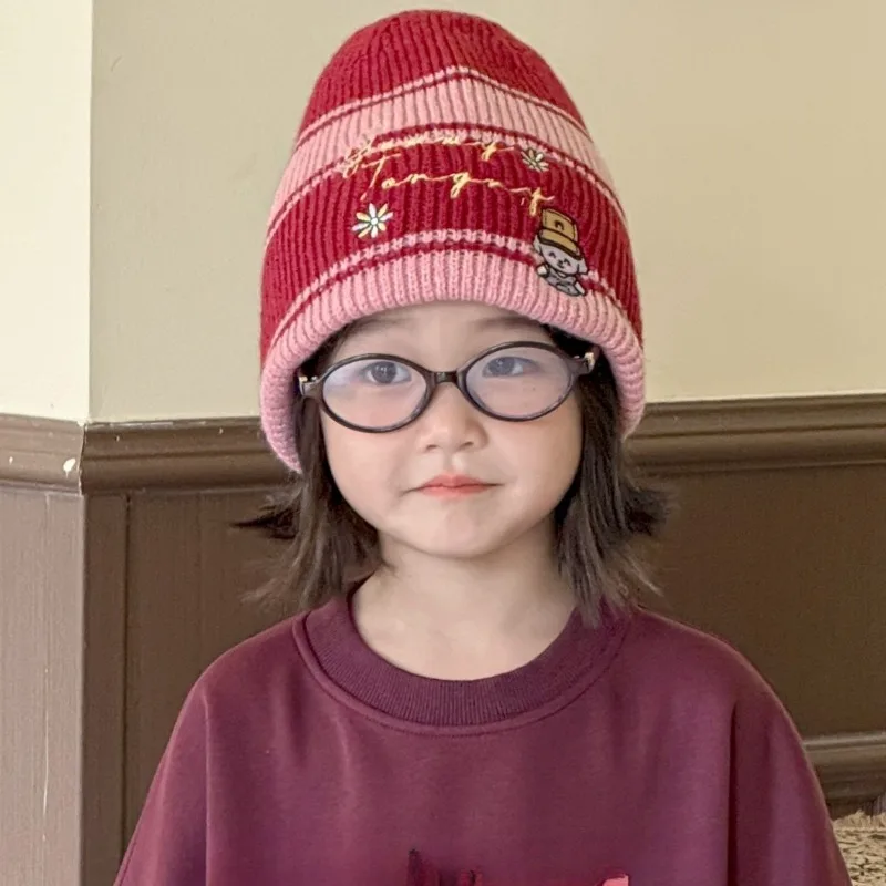 Gorro de punto retro a rayas de estilo japonés: diseño de dibujos animados unisex para niños y niñas – Gorro cálido y resistente al viento para otoño e invierno.
