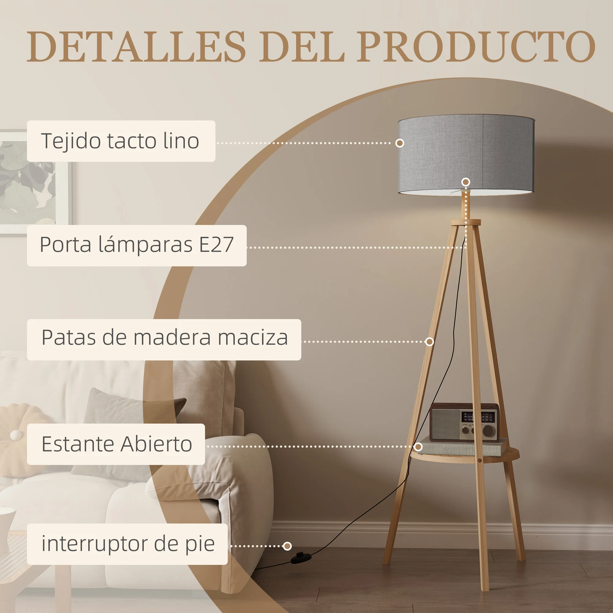 HOMCOM Lámpara de Pie Trípode con Estante Lámpara de Pie Salón con Pantalla de Lino Interruptor de Pie para Sala de Estar Oficina Dormitorio Gris y Natural - imagen 4