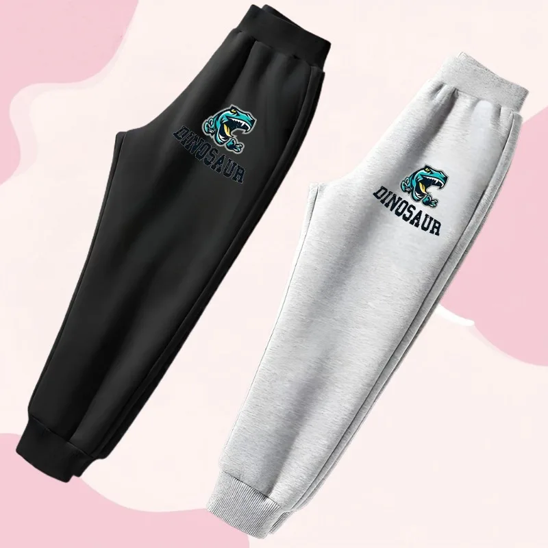 Pantalones deportivos con estampado de dinosaurio para niños, cómodos pantalones holgados con cintura elástica para niños, Pantalones rectos de cintura alta para primavera y otoño