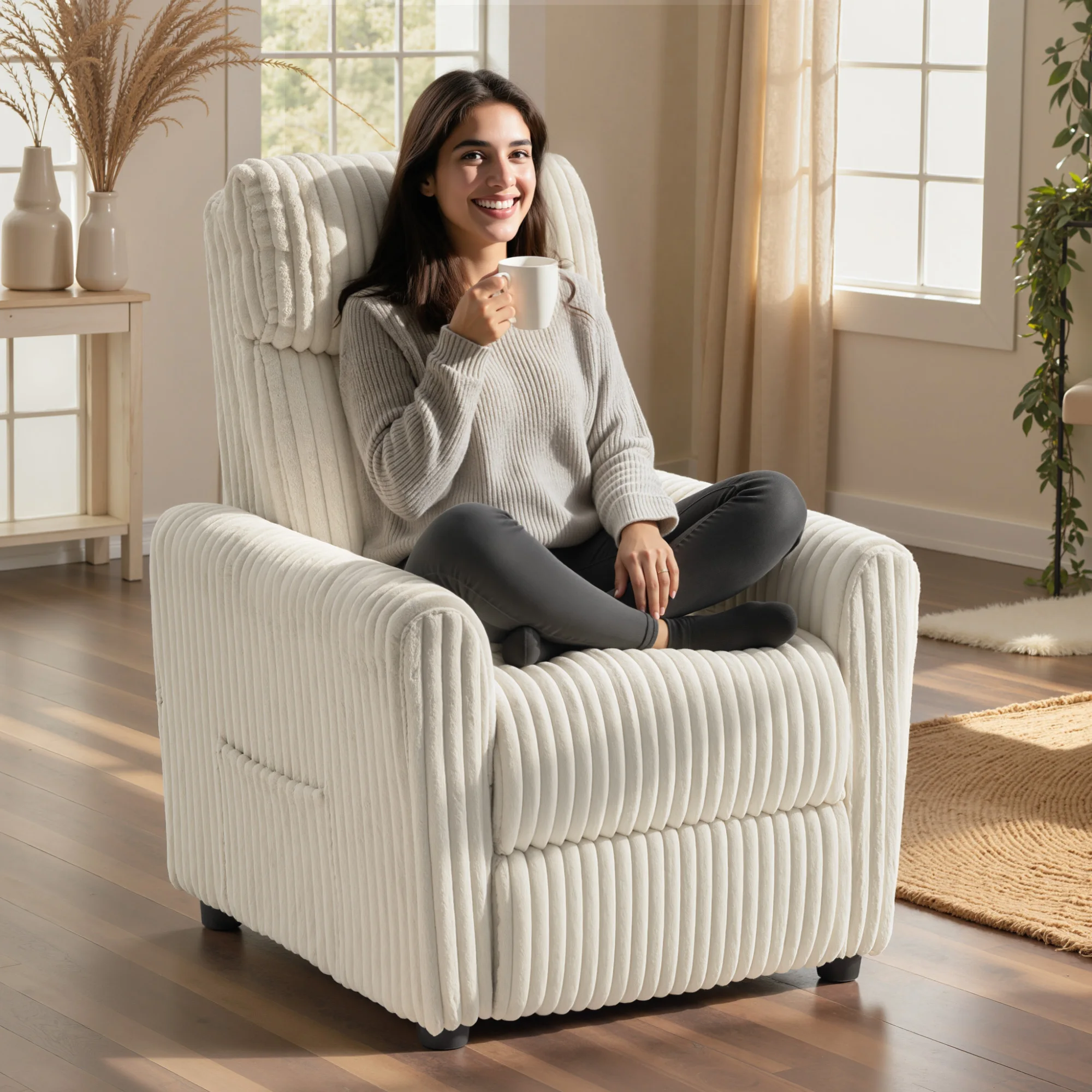 HOMCOM Sillón Relax Reclinable, Sillón Reclinable Manual, Tapizado en Pana, Instalación Rápida, Reposapiés, Acolchado Grueso, para Salón, Dormitorio, Oficina, Crema - imagen 2