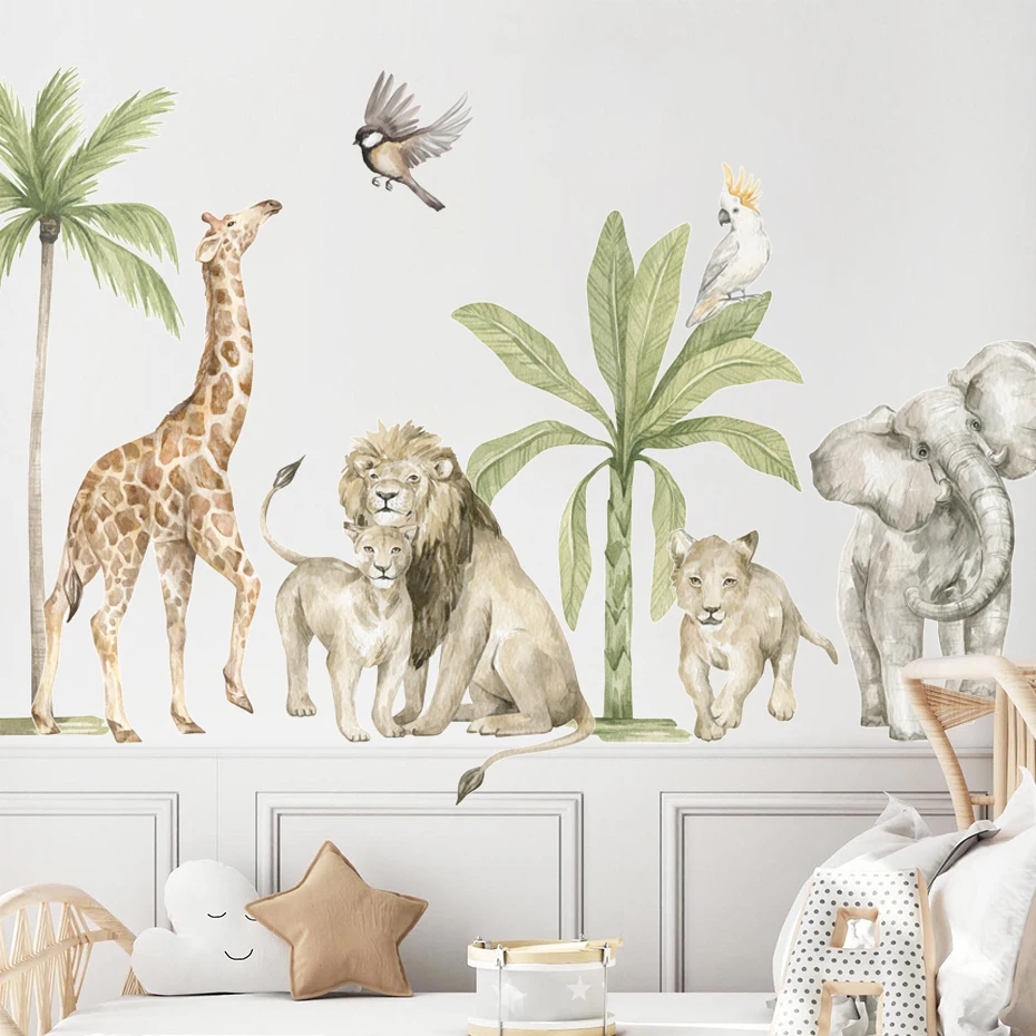 Pegatinas de pared guardería jirafa y animales africanos acuarela