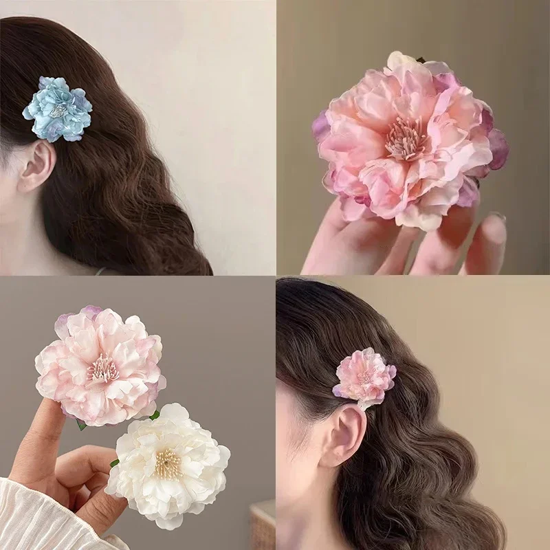 Pinzas para el cabello con forma de flor de peonía, adornos para el cabello con Clip LATERAL, horquillas con flores de imitación dulces para mujer y niña, accesorios de playa - imagen 2