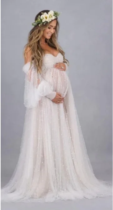 Vestido neonatal blanco con perlas para fotos de recién nacido - imagen 5