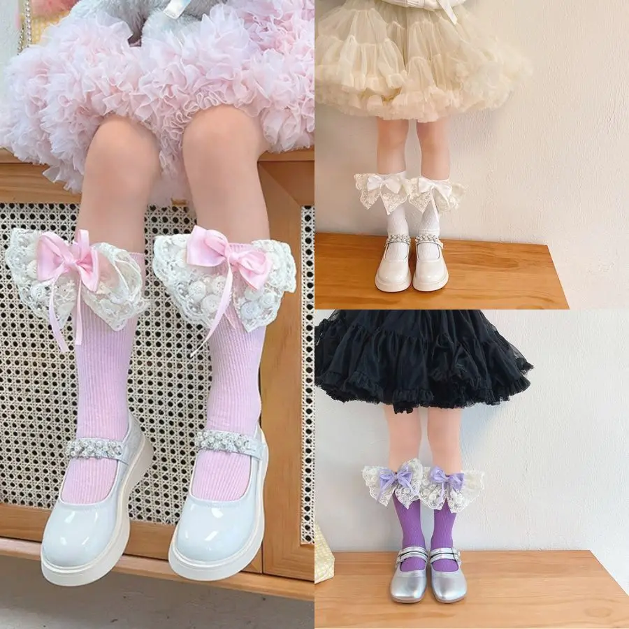 Calcetín de algodón suave hasta la rodilla para niña pequeña, calcetín Retro europeo, lazo de encaje, primavera y otoño, 2-8T, 1 par
