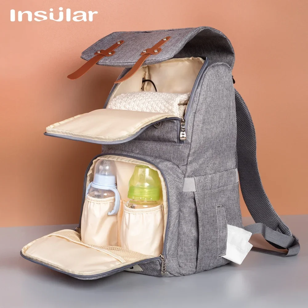 Bolsa de pañales para bebés Insular con interfaz USB, kits de bolsas de pañales impermeables grandes, mochila de viaje de maternidad para mamás, bolsa de lactancia con gancho - imagen 2
