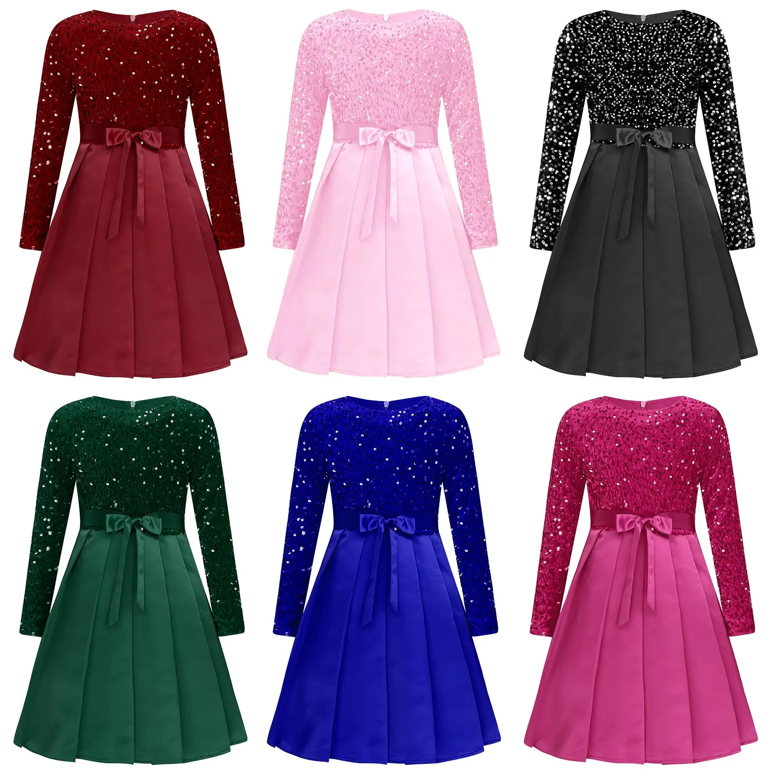 Vestido de flores para niñas, vestido de fiesta con lentejuelas, manga larga, cintura alta, hasta la rodilla, vestido plisado con cinturón para banquete, desfile de boda - imagen 2