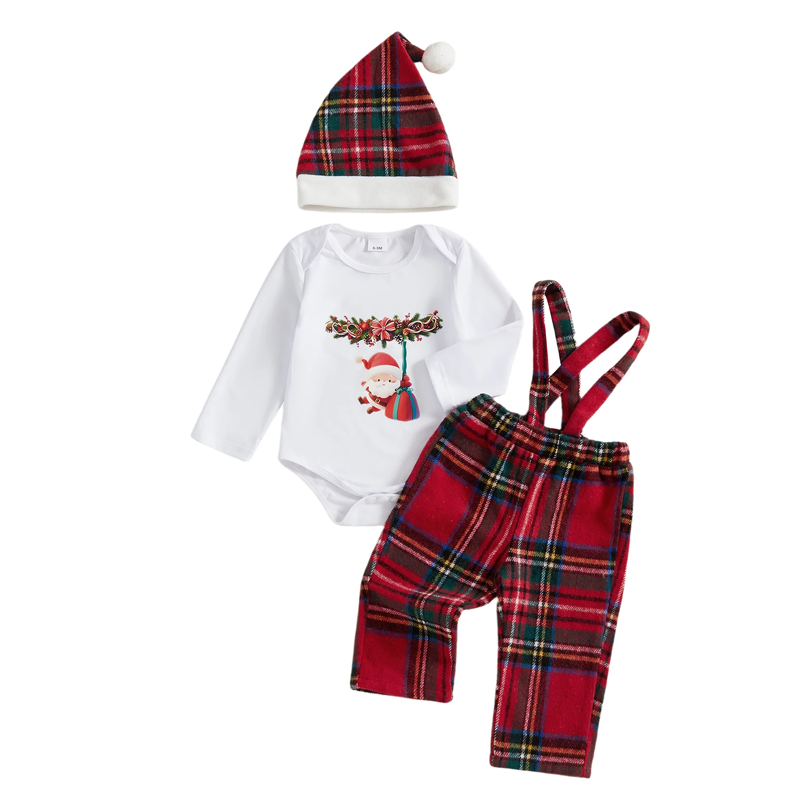 ViSgogo Conjunto de 3 piezas de traje navideño para bebé, niño y niña, mameluco de manga larga de Papá Noel, pantalones con tirantes a cuadros y sombrero