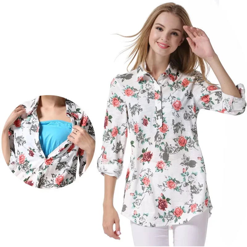 Camisa de maternidad de manga larga, blusa de lactancia, Tops de lactancia con cubierta de forro, camiseta de embarazo, ropa de alimentación para primavera y verano