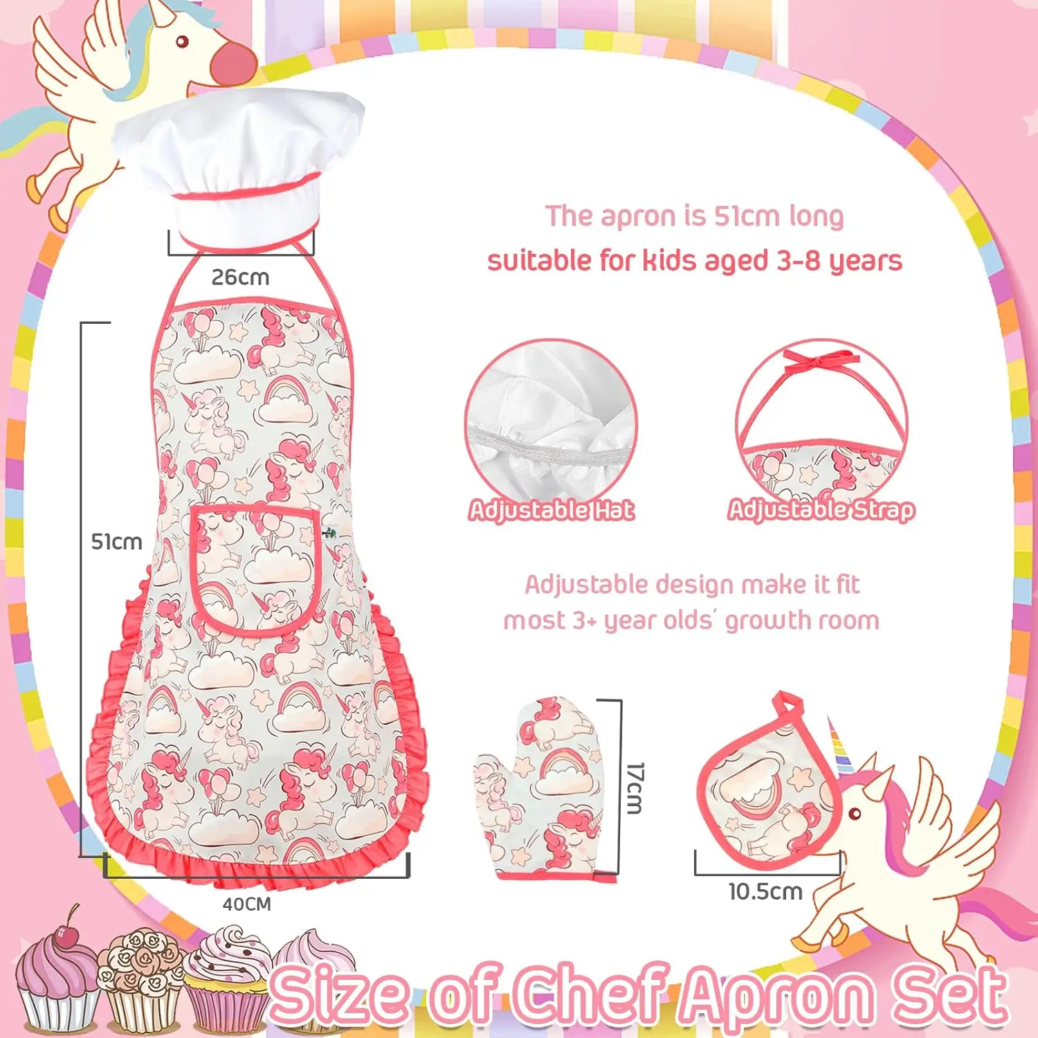 Juego de Chef para hornear para niños con delantal de unicornio y manopla, juego de cocina para niños con gorro de Chef, cucharas, batidor, vestir, regalos de juego de rol para niñas y niños - imagen 2