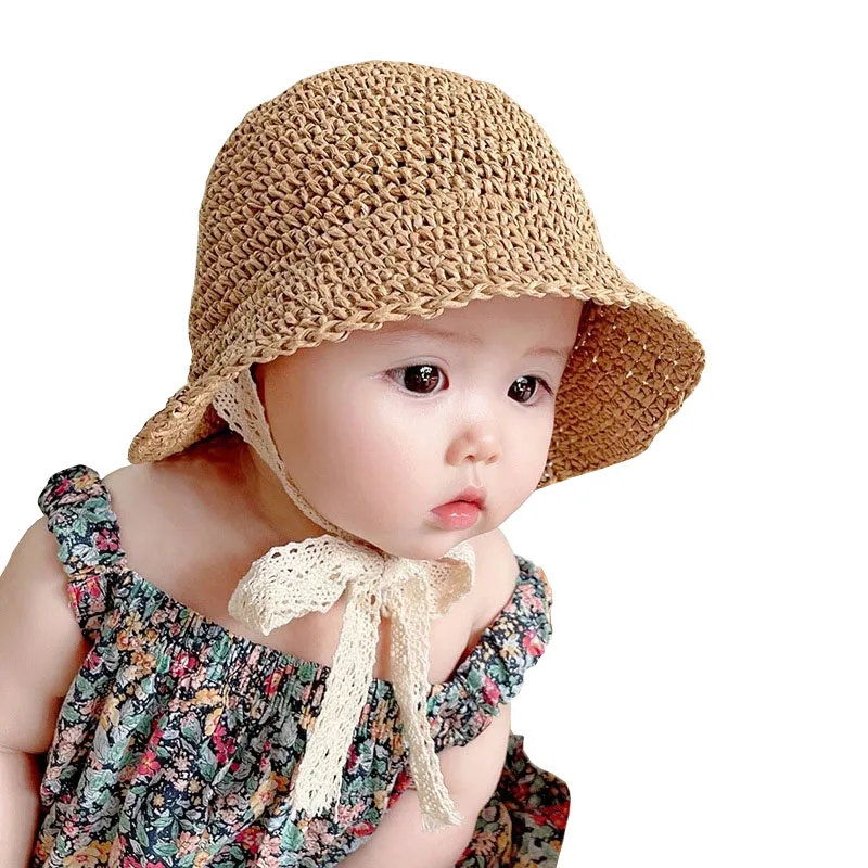 Sombrero de verano de paja para bebé con lazo de encaje