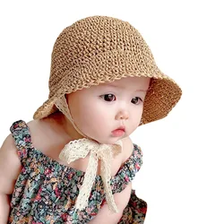 Sombrero de verano de paja para bebé con lazo de encaje